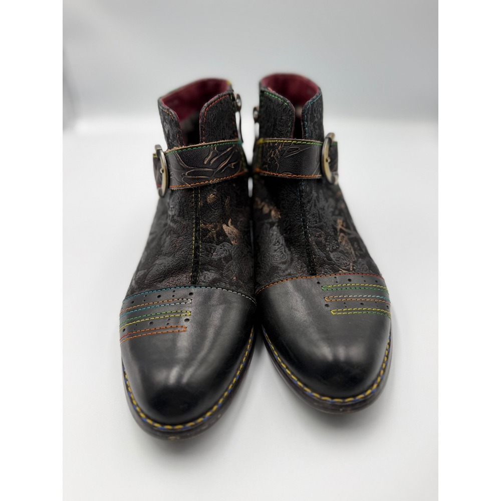 Spring Step L'Artiste Georgiana Black Leather  Ankle‎ Boots Rainbow Stitch 38